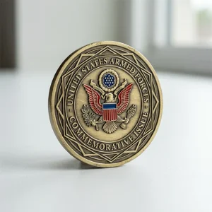 Custom military challenge coins with 3D unit crest and antique gold plating