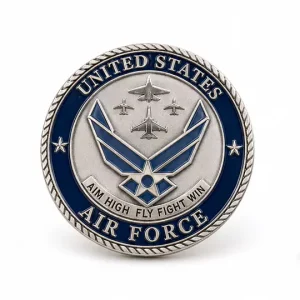 Bulk custom Air Force coins with squadron emblem, aircraft silhouette, custom edge, and presentation packaging