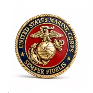 Custom Marine Challenge Coin with antique gold plating, 3D relief, and enamel unit details