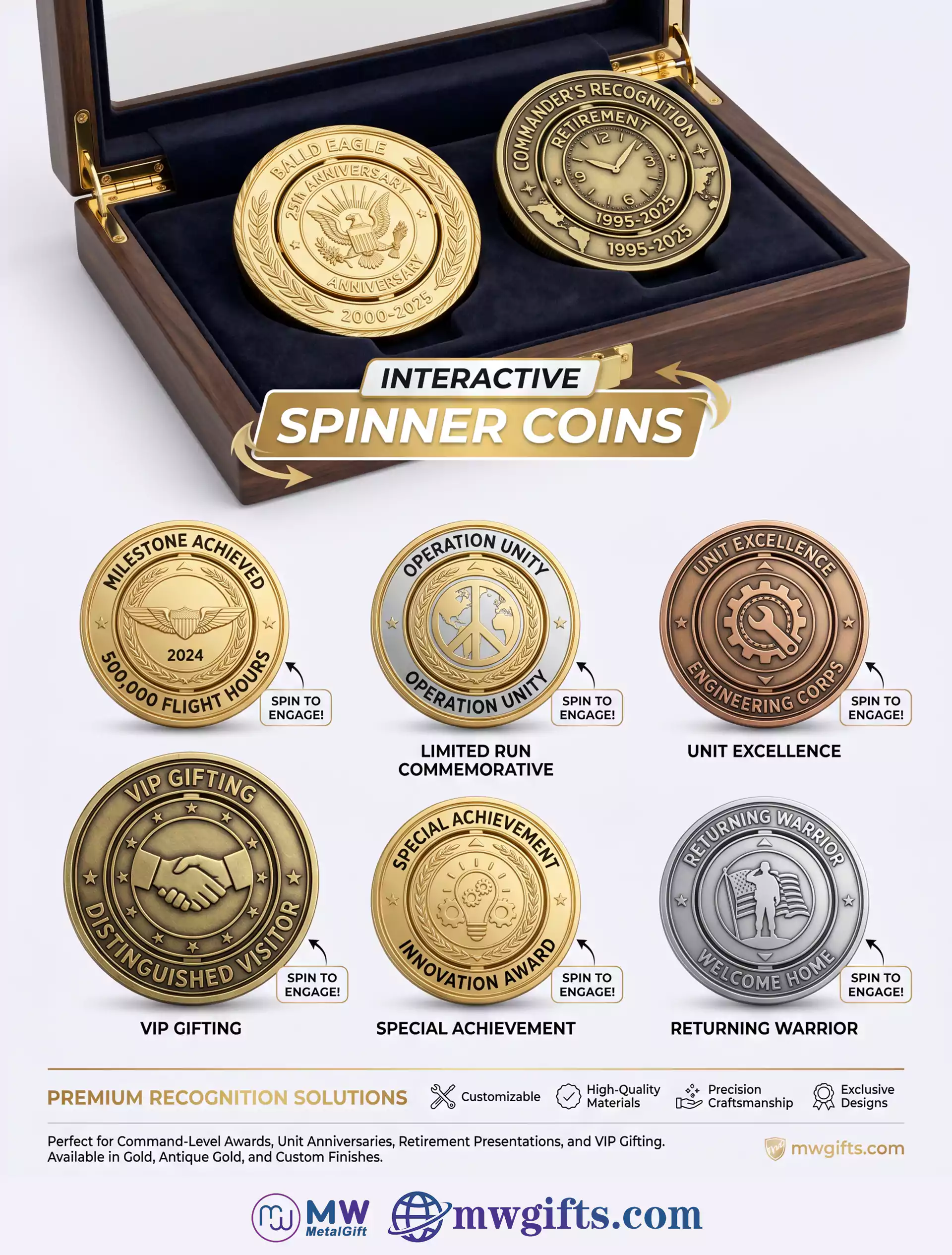 Interactive Spinner Challenge Coins for Awards and Collectors